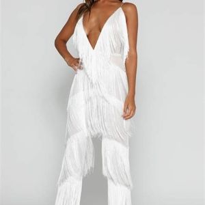 Plunging Neckline White Fringe Jumpsuit